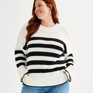 Plus Sonoma Goods For Life Side Slit Crewneck Sweater White Black Stripe 2X NEW